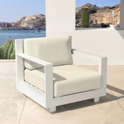 MOBELLIA Salon de jardin aluminium 7 places 5 pcs Elba Blanc et beige Blanc - Beige Discount
