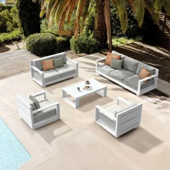 MOBELLIA Salon de jardin aluminium 7 places 5 pcs Elba Blanc et gris clair Blanc - Gris Clair Discount