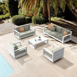 MOBELLIA Salon de jardin aluminium 7 places 5 pcs Elba Blanc et taupe Blanc - Taupe Clearance
