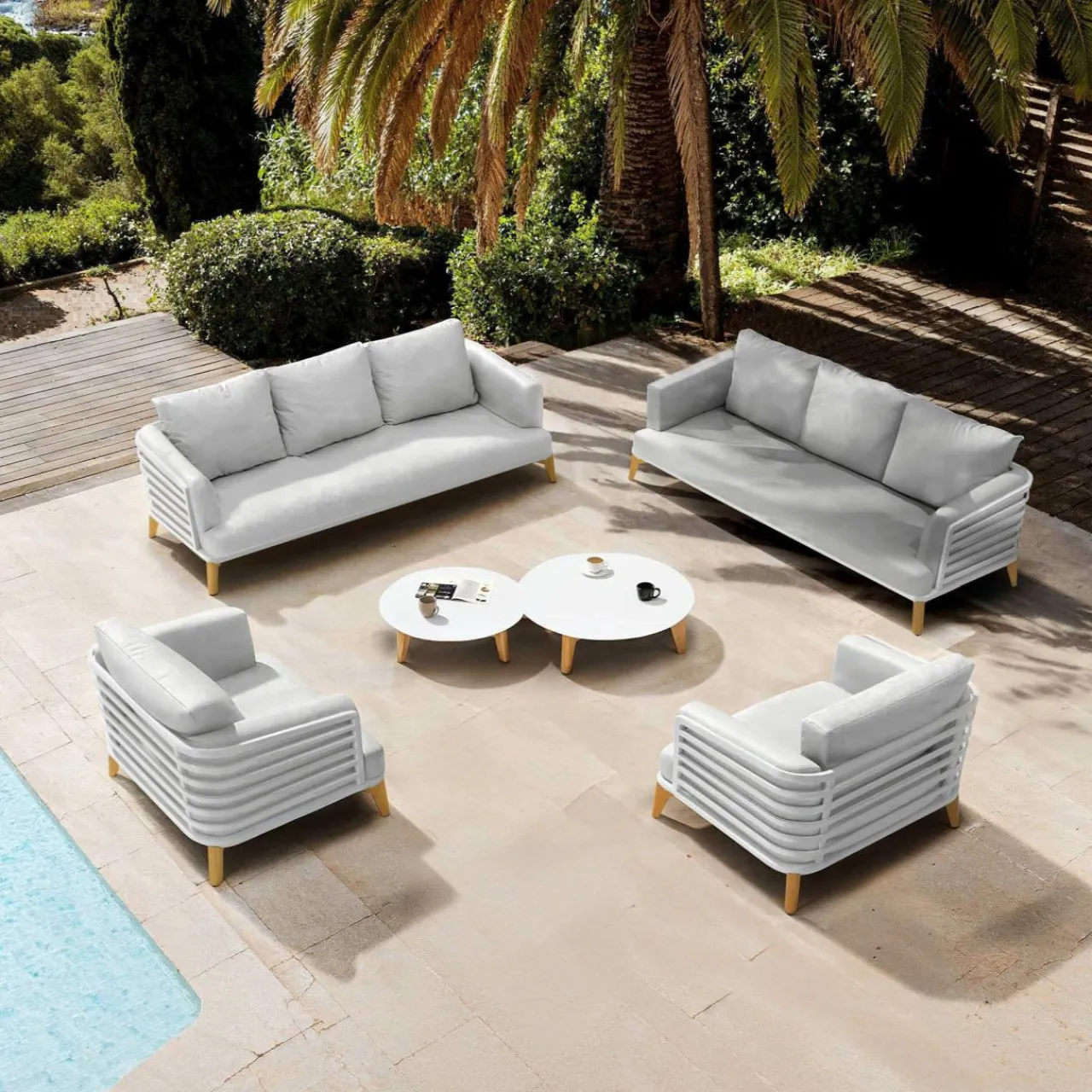 MOBELLIA Salon de jardin aluminium 8 places 6 pcs Monte Carlo Blanc et gris clair Blanc - Gris Clair