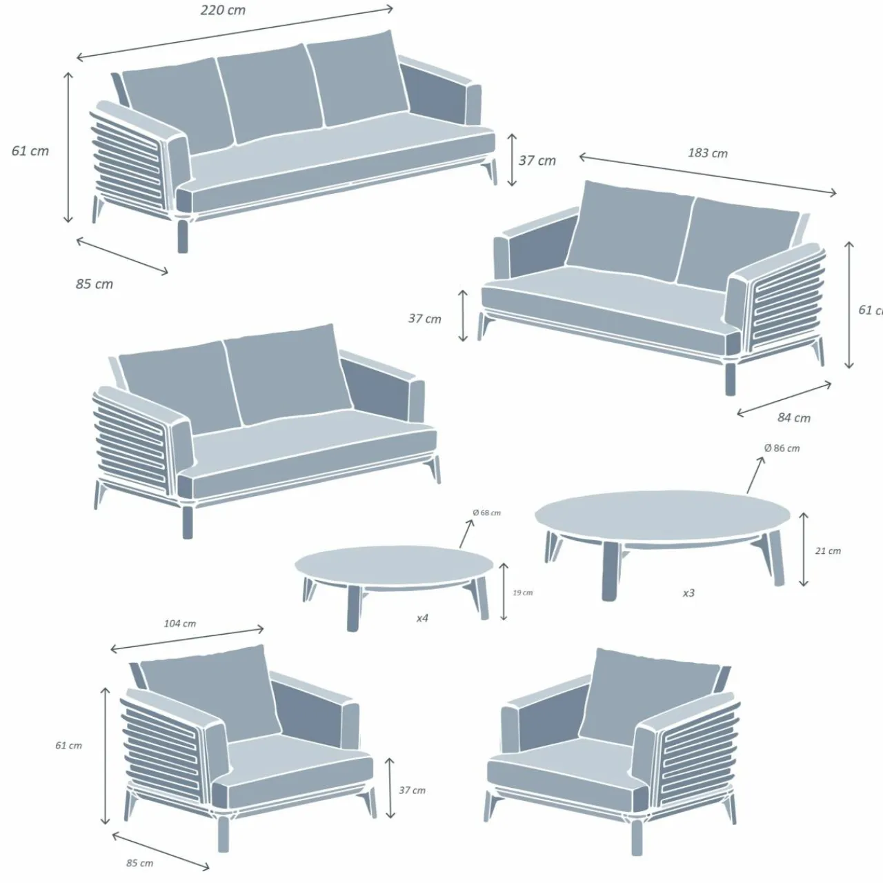 MOBELLIA Salon de jardin aluminium 9 places 12 pcs Monte Carlo Gris Anthracite Outlet