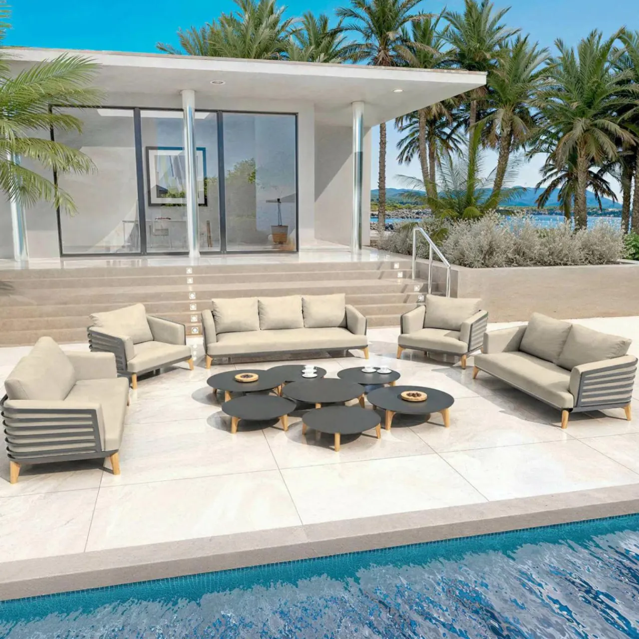 MOBELLIA Salon de jardin aluminium 9 places 12 pcs Monte Carlo Gris anthracite et taupe Anthracite - Taupe Hot