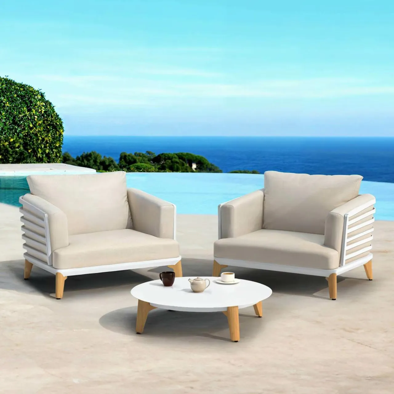 MOBELLIA Salon de jardin aluminium 2 places 3 pcs Monte Carlo Blanc et taupe Blanc - Taupe New