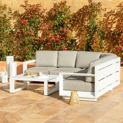 MOBELLIA Salon de jardin d'angle aluminium 5 places Elba Blanc et taupe Blanc - Taupe Best