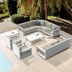 MOBELLIA Salon de jardin d'angle aluminium 10 places Elba Blanc et taupe Blanc - Taupe Hot
