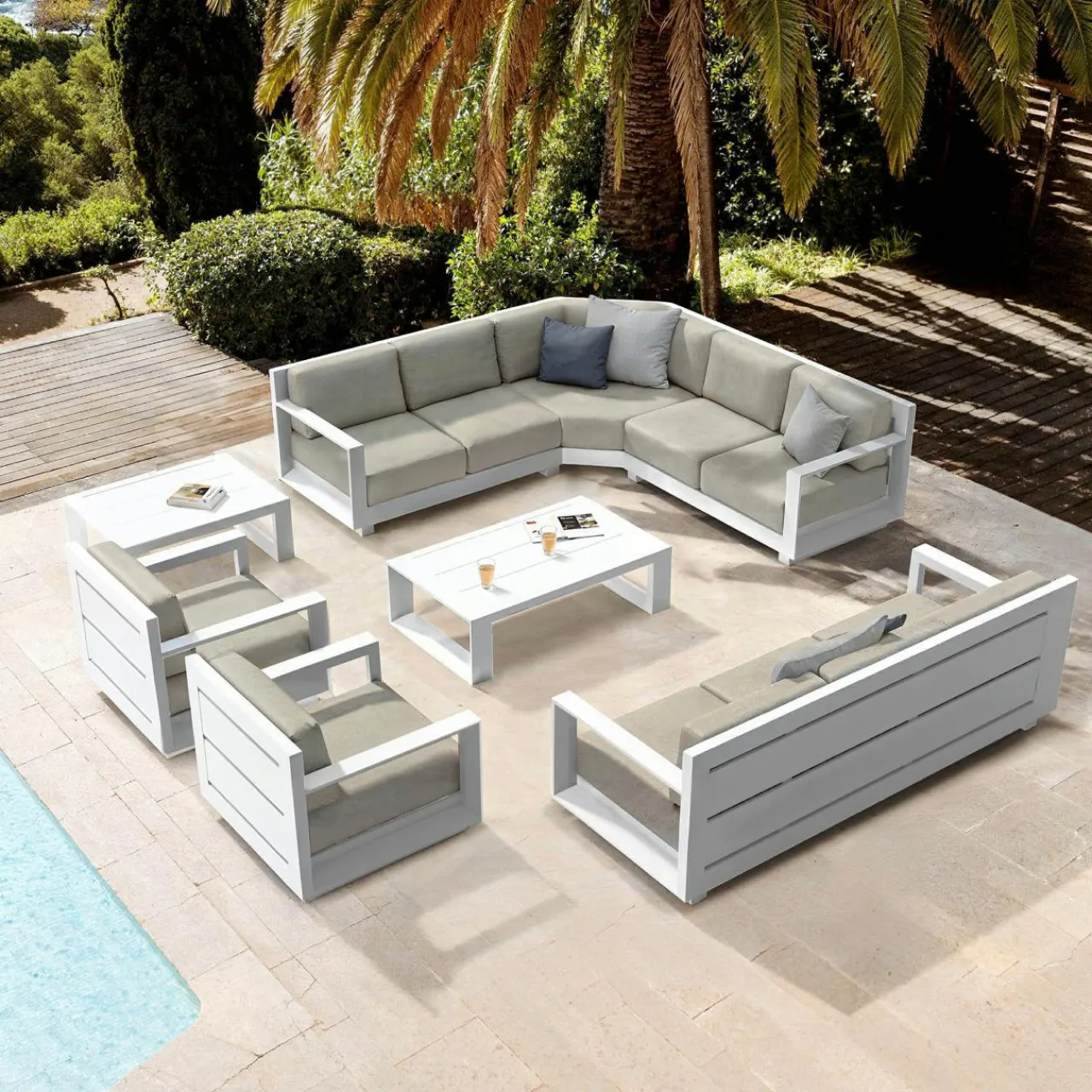 MOBELLIA Salon de jardin d'angle aluminium 10 places Elba Blanc et taupe Blanc - Taupe Hot