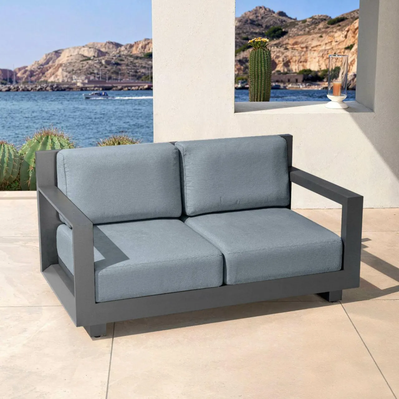 MOBELLIA Salon de jardin d'angle aluminium 10 places Elba Gris Anthracite Outlet