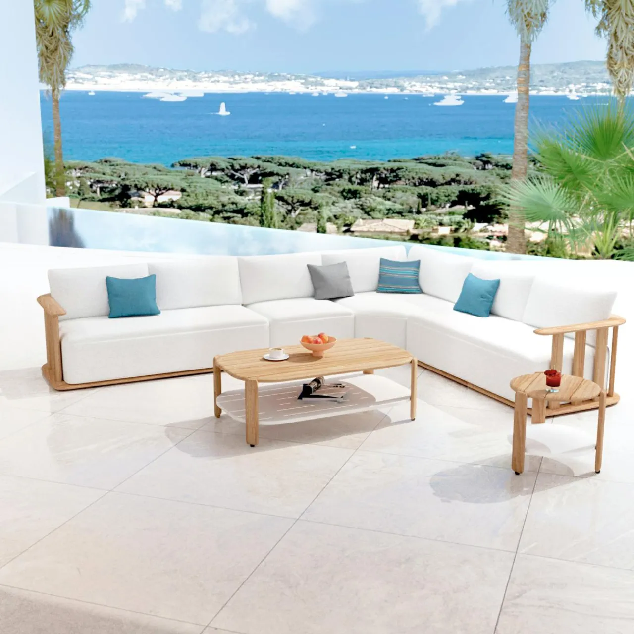 MOBELLIA Salon de jardin d'angle en bois teck 6 places Java Ecru