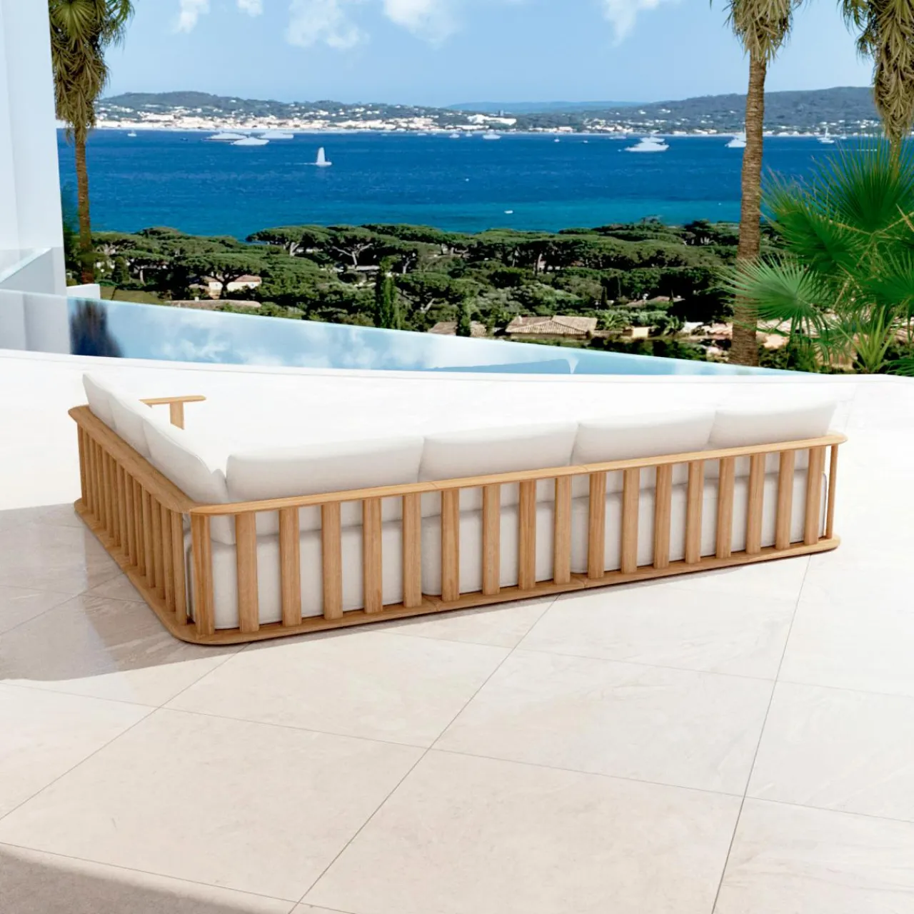 MOBELLIA Salon de jardin d'angle en bois teck 6 places Java Ecru