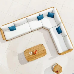 MOBELLIA Salon de jardin d'angle en bois teck 6 places Java Ecru