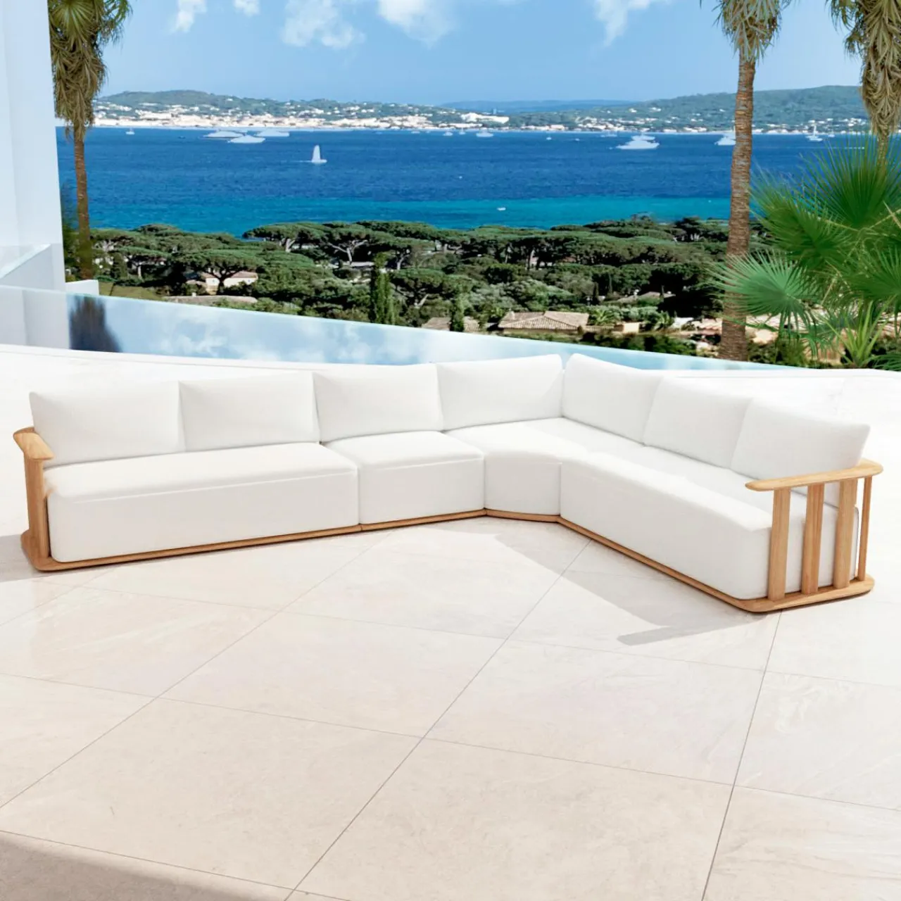 MOBELLIA Salon de jardin d'angle en bois teck 6 places Java Ecru