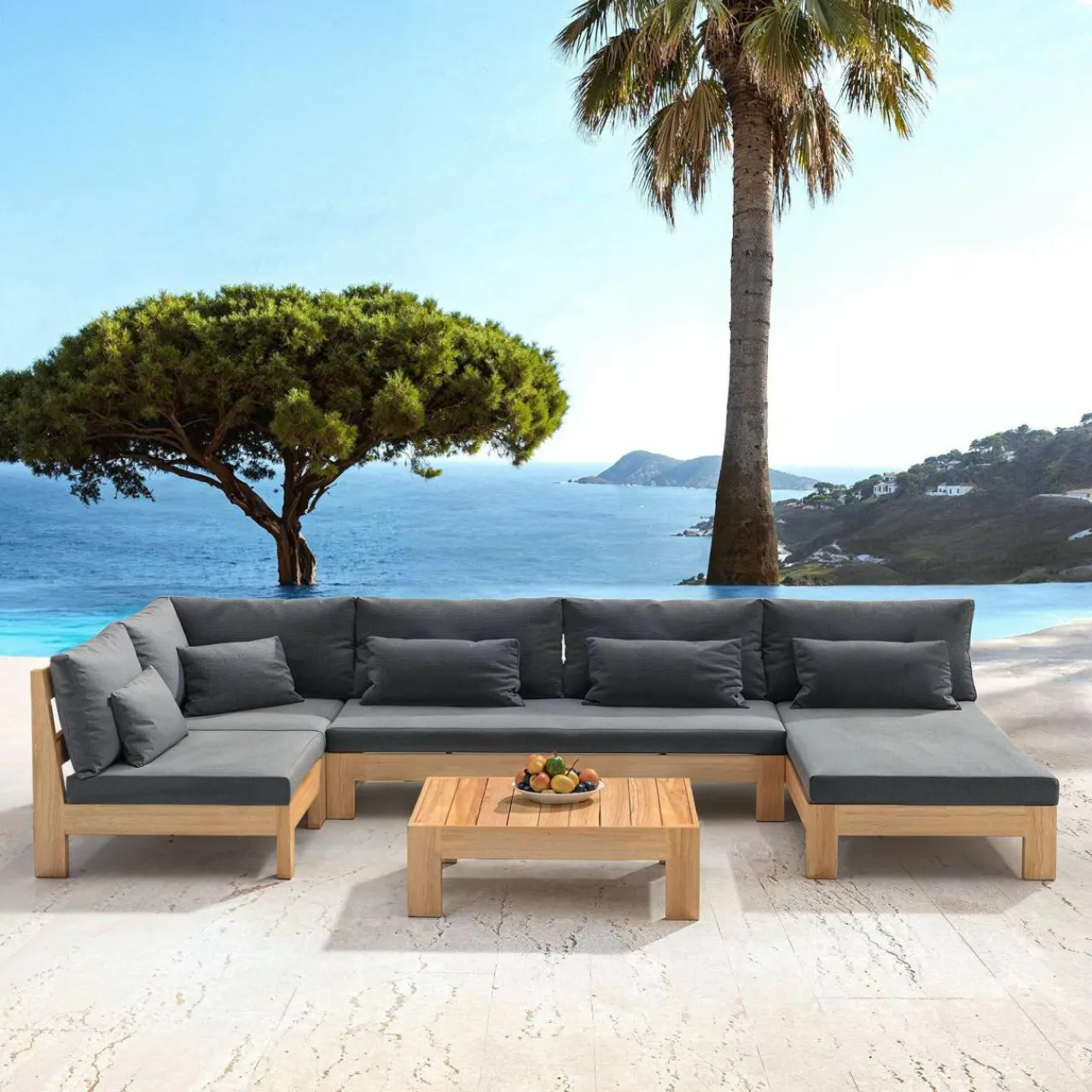 MOBELLIA Salon de jardin d'angle en bois d'acacia 5 places 5 pcs Borneo Gris Anthracite New