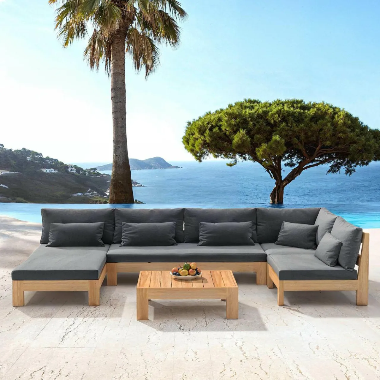 MOBELLIA Salon de jardin d'angle en bois d'acacia 5 places 5 pcs Borneo Gris Anthracite New