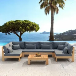 MOBELLIA Salon de jardin d'angle en bois d'acacia 7 places 6 pcs Borneo Gris Anthracite New