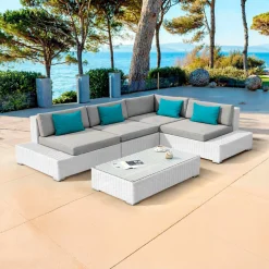 MOBELLIA Salon de jardin d'angle en résine tressée 5 places Palma Blanc et gris Tresse Blanc - Gris New