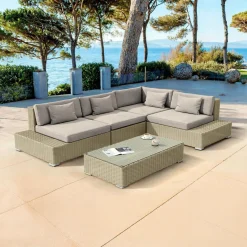 MOBELLIA Salon de jardin d'angle en résine tressée 5 places Palma Gris et taupe Tressé Gris - Taupe Outlet