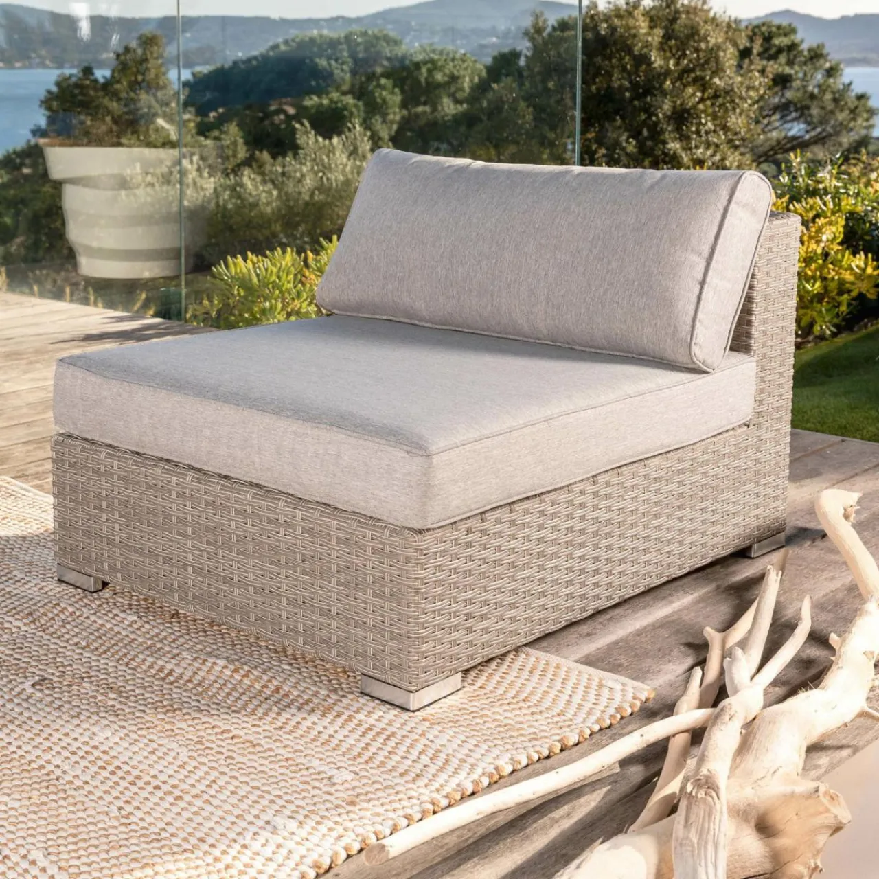 MOBELLIA Salon de jardin d'angle en résine tressée 5 places Palma Gris et taupe Tressé Gris - Taupe Outlet