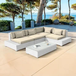 MOBELLIA Salon de jardin d'angle en résine tressée 5 places Palma Blanc et beige Tresse Blanc - Beige Online