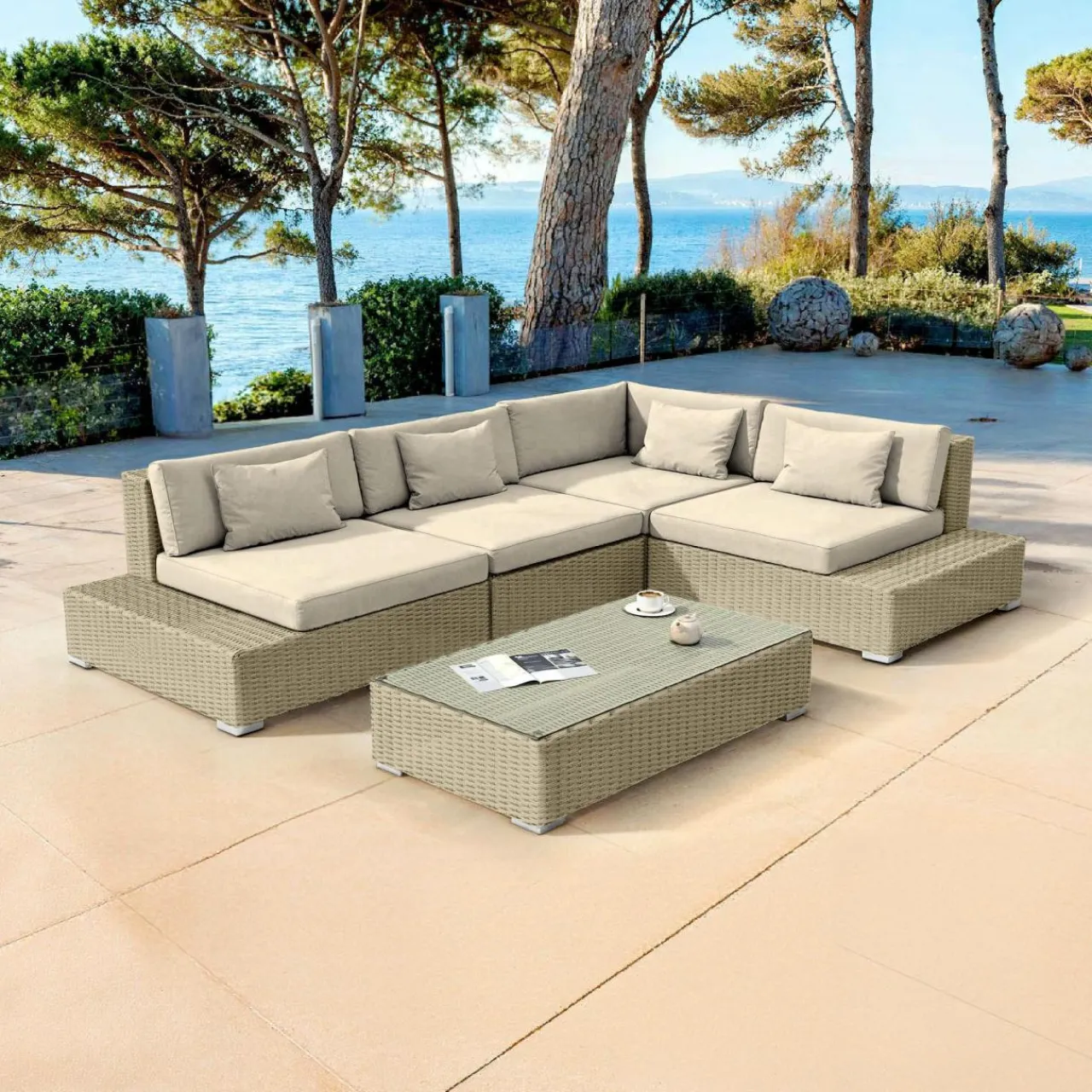 MOBELLIA Salon de jardin d'angle en résine tressée 5 places Palma Gris et beige Tresse Gris - Beige Hot