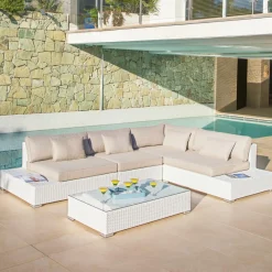 MOBELLIA Salon de jardin d'angle en résine tressée 5 places Palma Blanc et taupe Tressé Blanc - Taupe Outlet