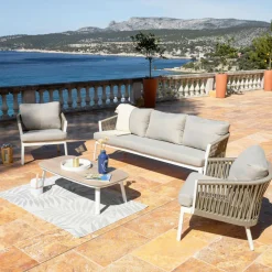 MOBELLIA Salon de jardin en aluminium 5 places 4 pcs Amalfi Blanc et taupe Blanc - Taupe Hot