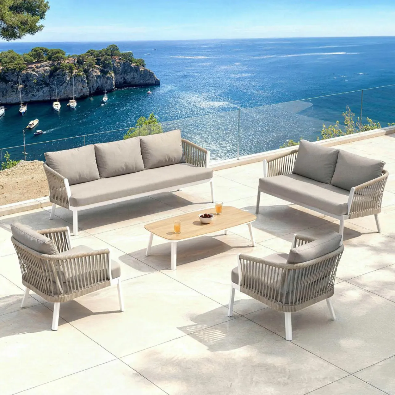 MOBELLIA Salon de jardin en aluminium 7 places 5 pcs Amalfi Blanc et taupe Blanc - Taupe Clearance