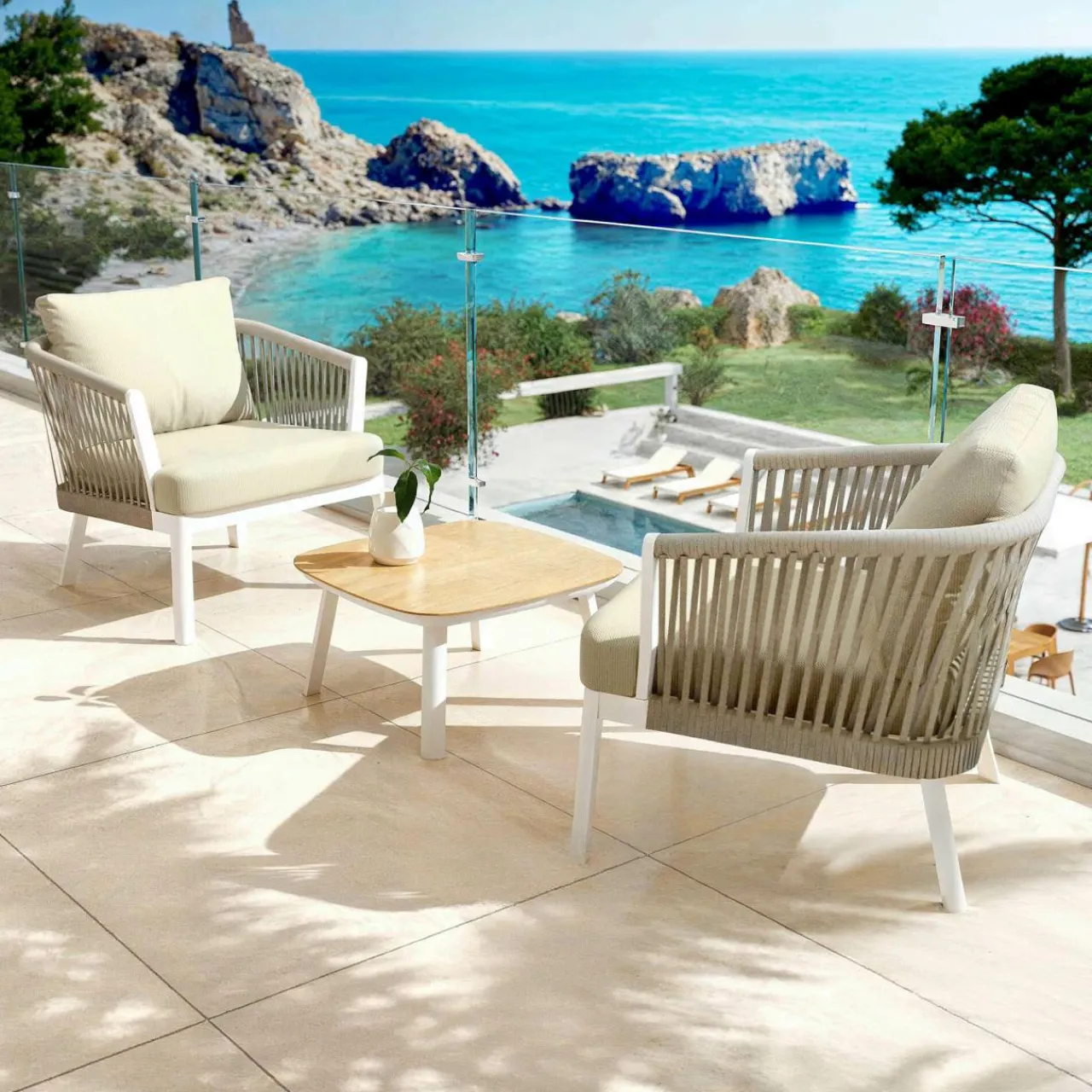 MOBELLIA Salon de jardin en aluminium 2 places 3 pcs Amalfi Blanc et beige Blanc - Beige New