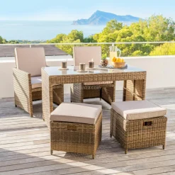 MOBELLIA Salon de jardin encastrable résine tressée 4 places Menorca et beige Sépia