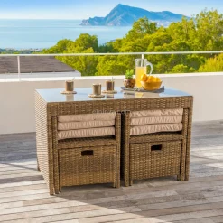 MOBELLIA Salon de jardin encastrable résine tressée 4 places Menorca et beige Sépia