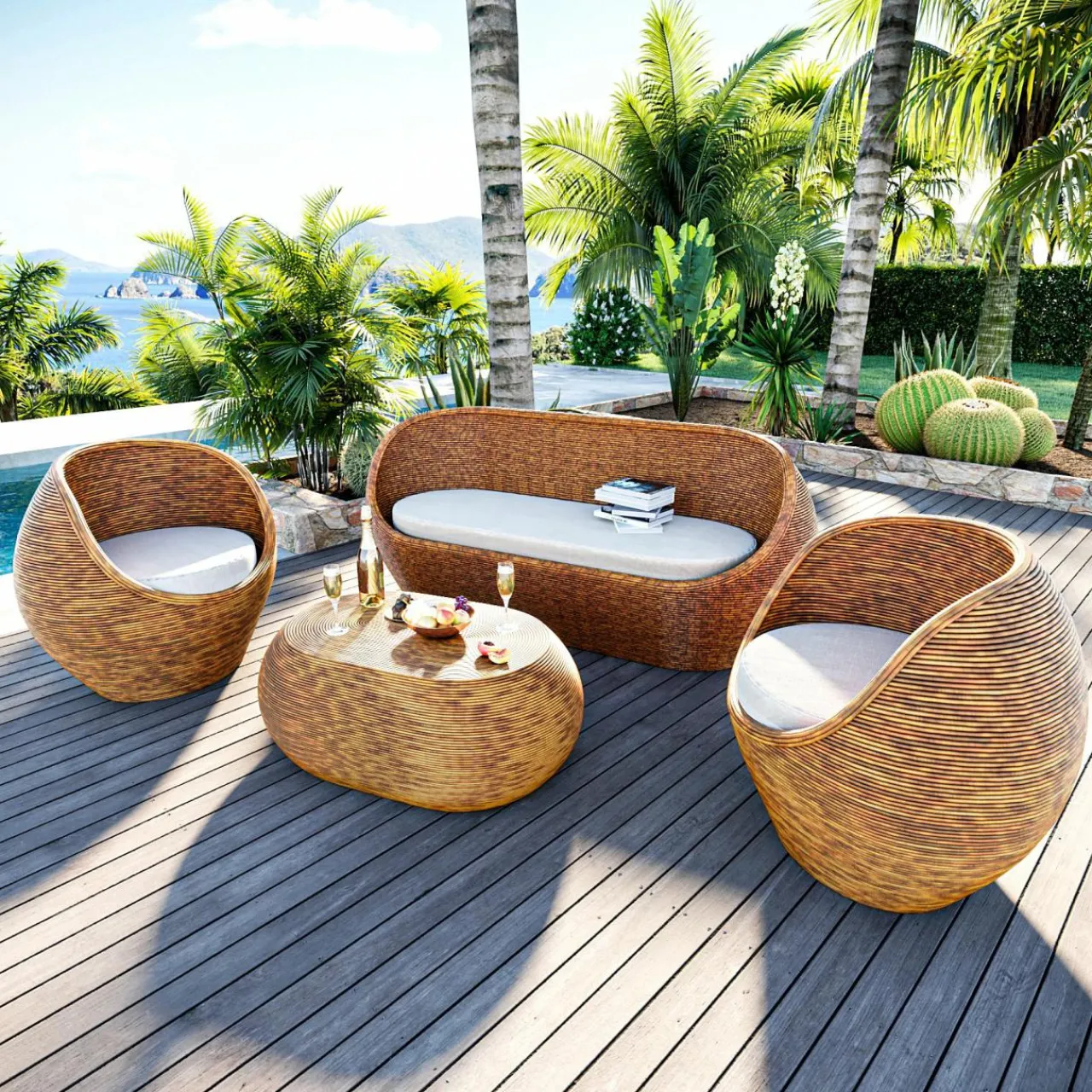MOBELLIA Salon de jardin en rotin 5 places Trinidad beige Naturel Best