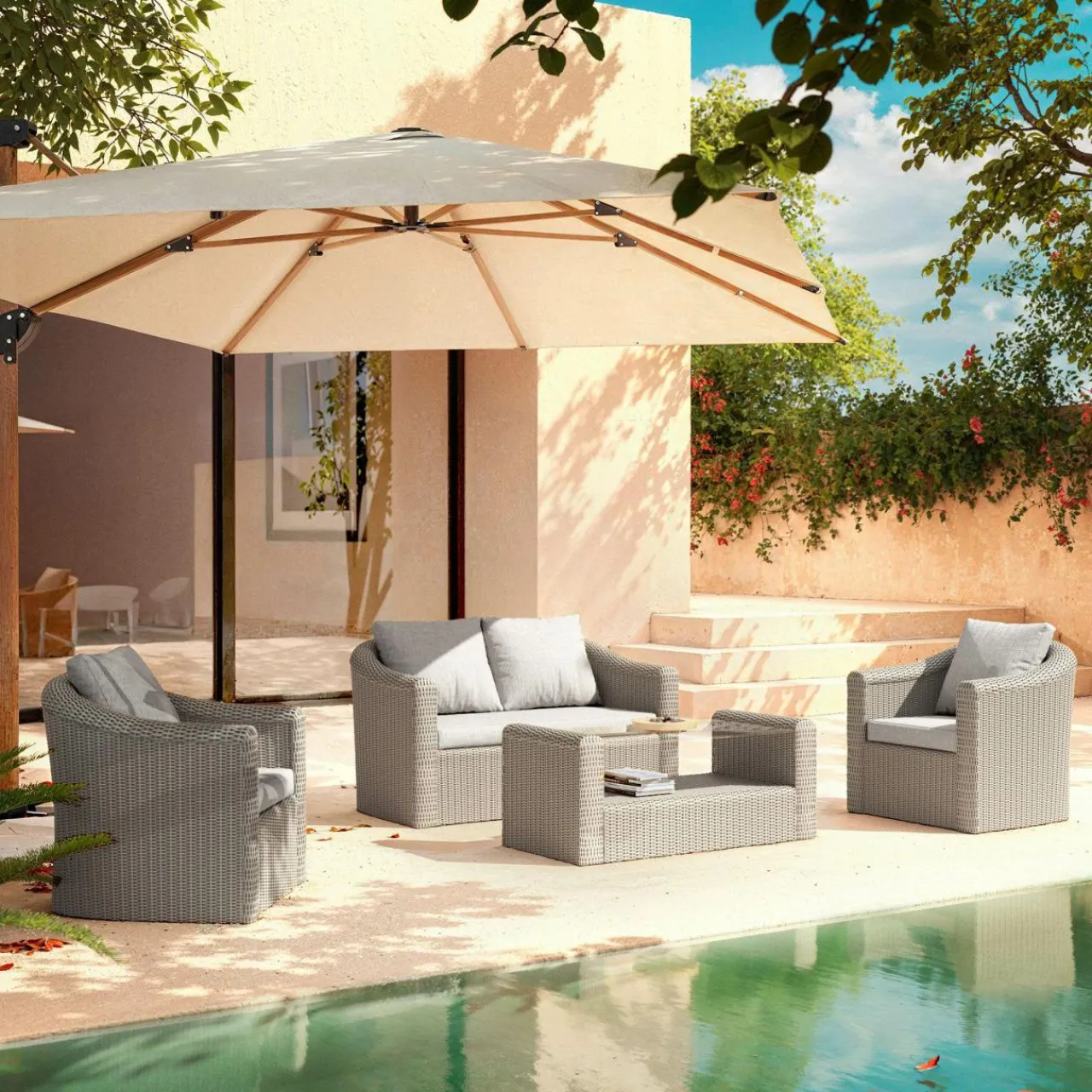 MOBELLIA Salon de jardin en résine tressée 4 places 4 pcs Calvi Gris et gris clair Tressé Gris - Gris clair New
