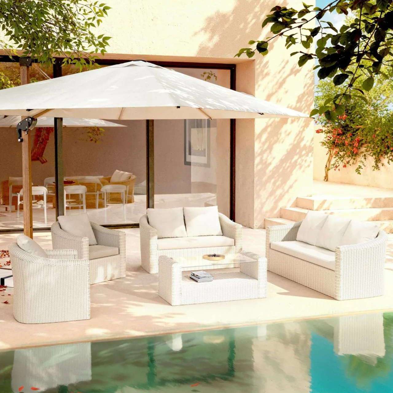 MOBELLIA Salon de jardin en résine tressée 7 places 5 pcs Calvi Blanc Tressé Blanc - Blanc Clearance