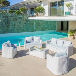 MOBELLIA Salon de jardin en résine tressée 7 places 5 pcs Calvi Blanc et gris clair Tressé Blanc - Gris clair New