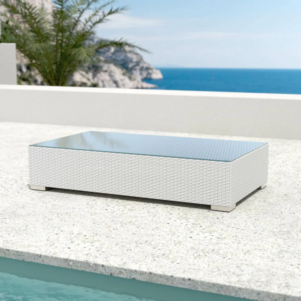 MOBELLIA Salon de jardin en résine tressée 4 places 4 pcs Palma Blanc et taupe Tressé Blanc - Taupe Discount