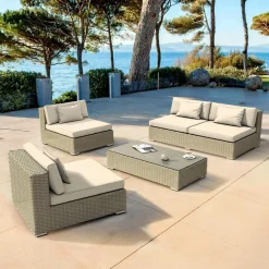 MOBELLIA Salon de jardin en résine tressée 4 places 4 pcs Palma Gris et beige Tresse Gris - Beige Discount