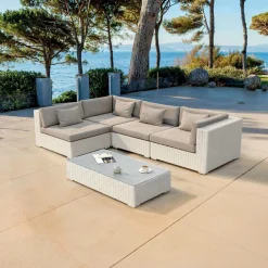 MOBELLIA Salon de jardin en résine tressée 4 places 5 pcs Palma Blanc et taupe Tressé Blanc - Taupe New