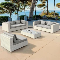 MOBELLIA Salon de jardin en résine tressée 5 places 6 pcs Palma Blanc et gris Tresse Blanc - Gris Outlet