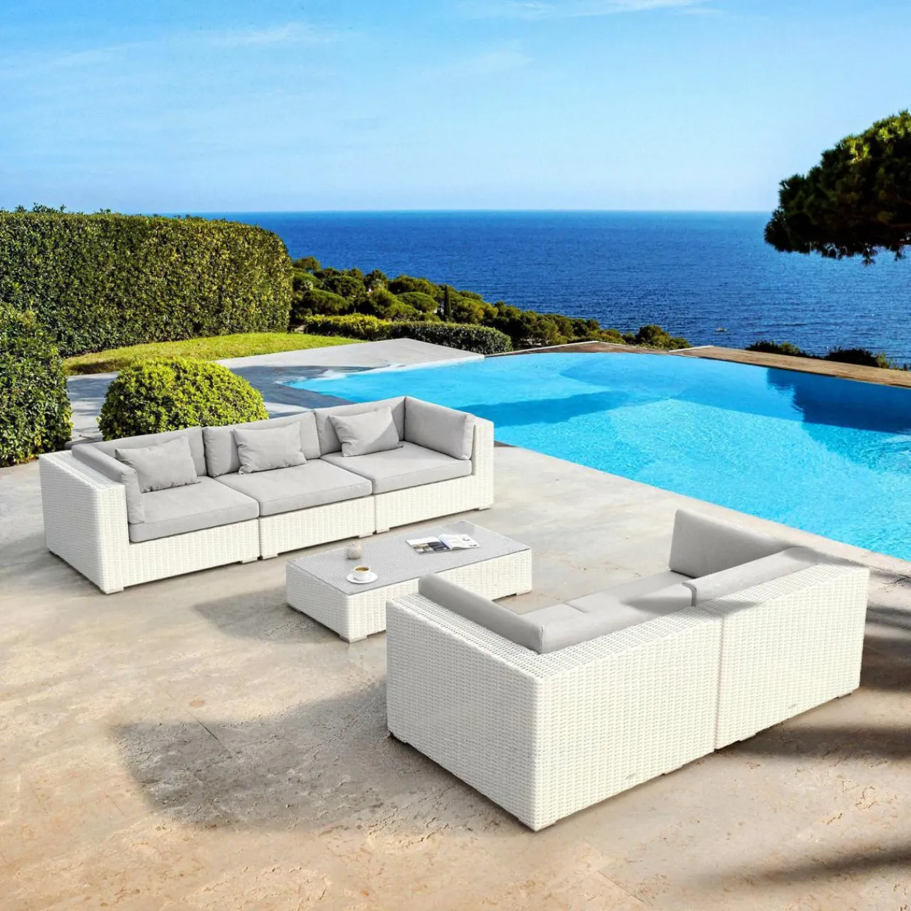 MOBELLIA Salon de jardin en résine tressée 5 places 6 pcs Palma Blanc et gris Tresse Blanc - Gris Outlet