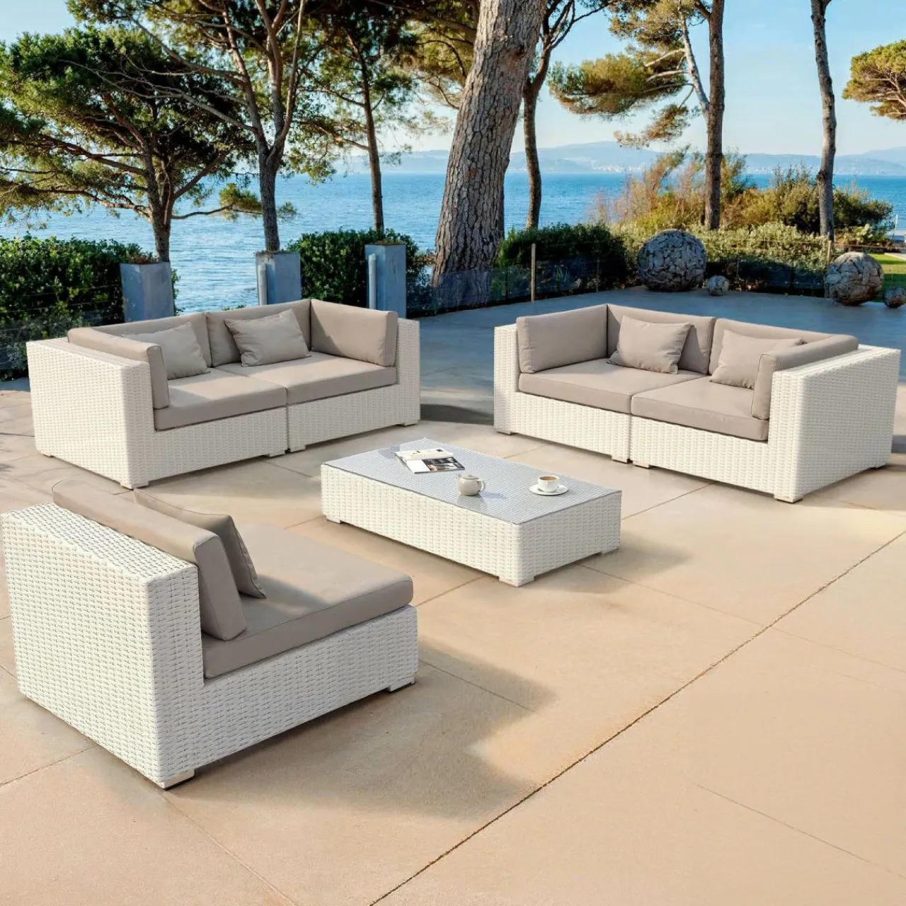 MOBELLIA Salon de jardin en résine tressée 5 places 6 pcs Palma Blanc et taupe Tressé Blanc - Taupe Outlet