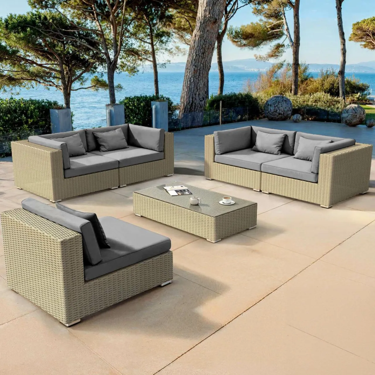 MOBELLIA Salon de jardin en résine tressée 5 places 6 pcs Palma Gris et anthracite Tressé Gris - Anthracite New