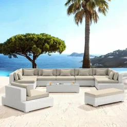 MOBELLIA Salon de jardin en résine tressée 9 places 9 pcs Palma Blanc et beige Tresse Blanc - Beige