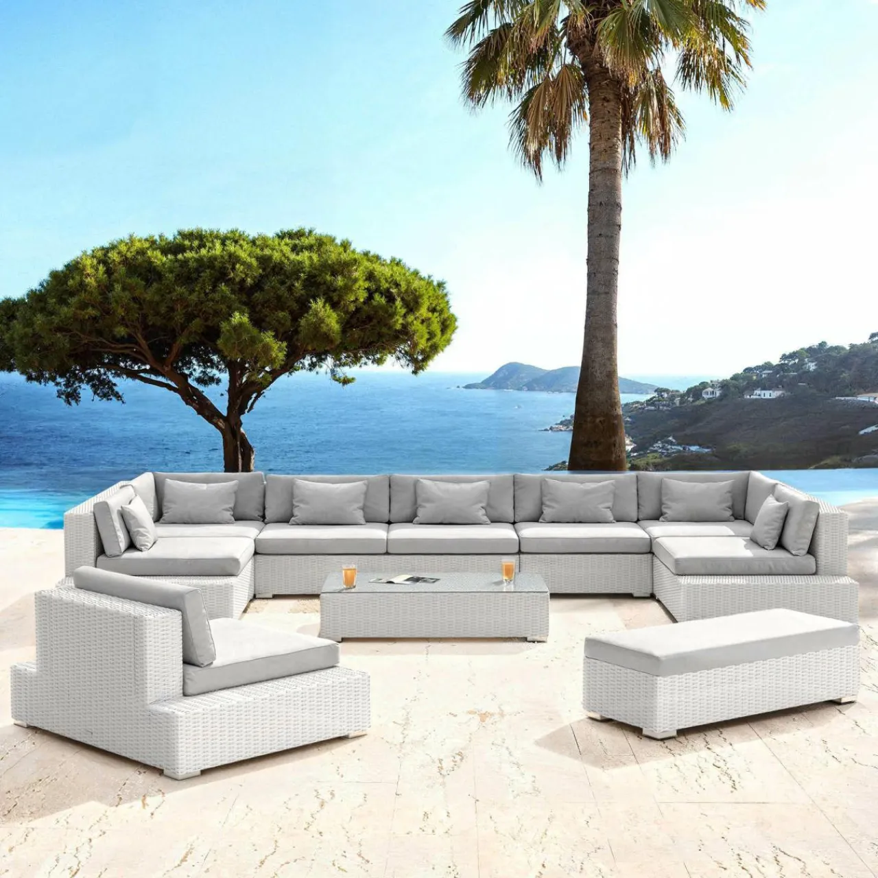 MOBELLIA Salon de jardin en résine tressée 9 places 9 pcs Palma Blanc et gris Tresse Blanc - Gris Clearance
