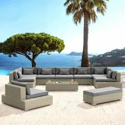 MOBELLIA Salon de jardin en résine tressée 9 places 9 pcs Palma Gris et anthracite Tressé Gris - Anthracite New