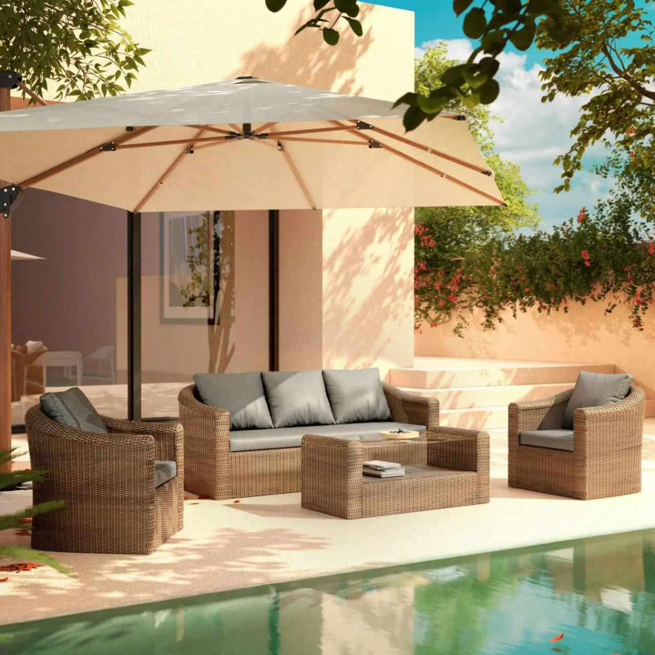 MOBELLIA Salon de jardin en résine tressée 5 places 4 pcs Calvi Sepia et gris foncé Tressé Sepia - Anthracite Online