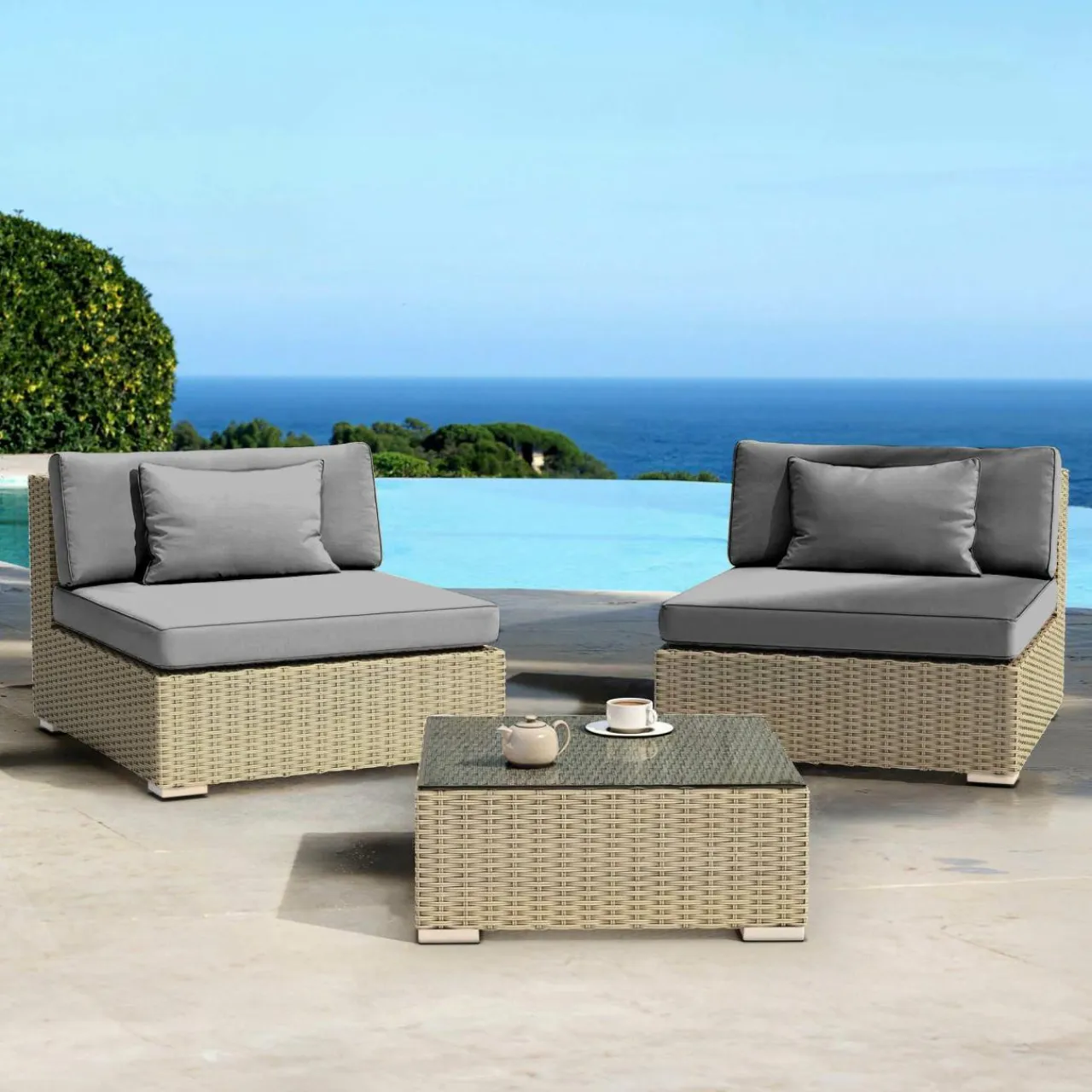 MOBELLIA Salon de jardin en résine tressée 2 places 3 pcs Palma Gris et anthracite Tressé Gris - Anthracite New