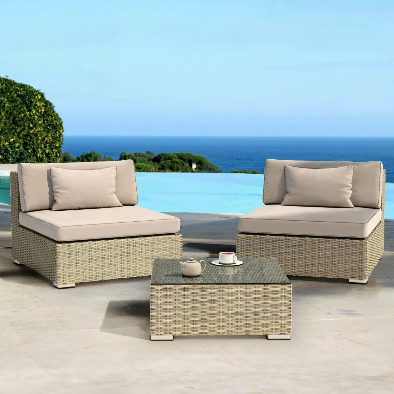 MOBELLIA Salon de jardin en résine tressée 2 places 3 pcs Palma Gris et taupe Tressé Gris - Taupe Online