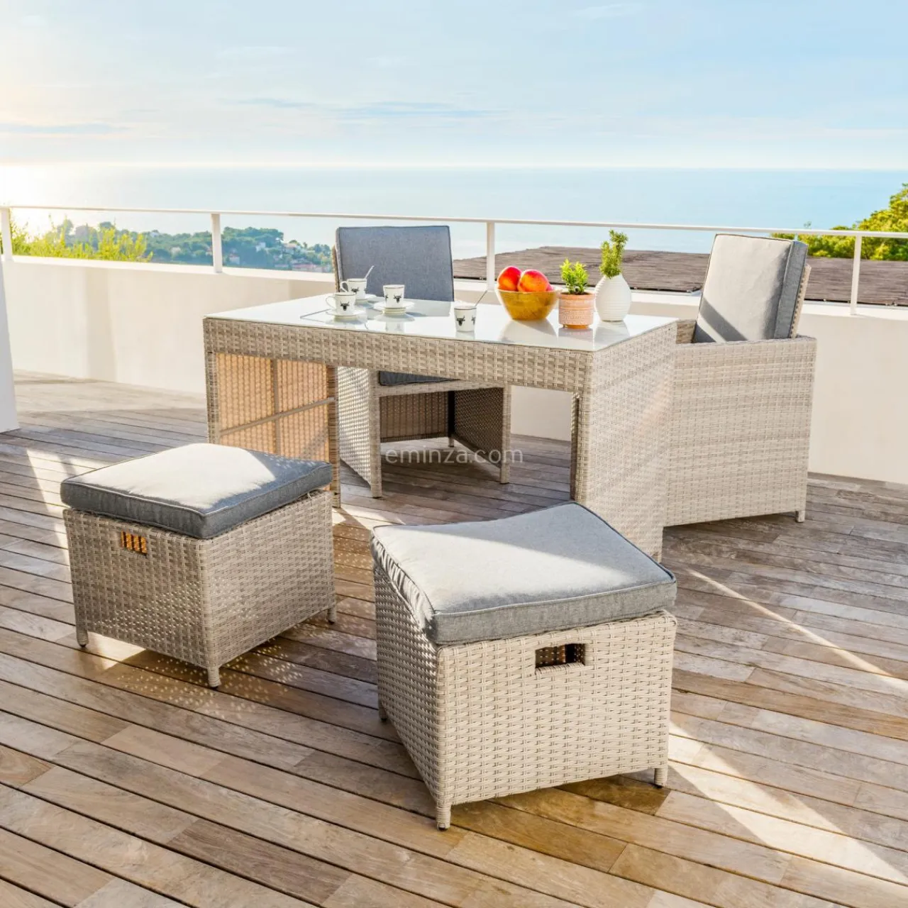 MOBELLIA Salon de jardin résine tressée encastrable 4 places Menorca Gris Outlet