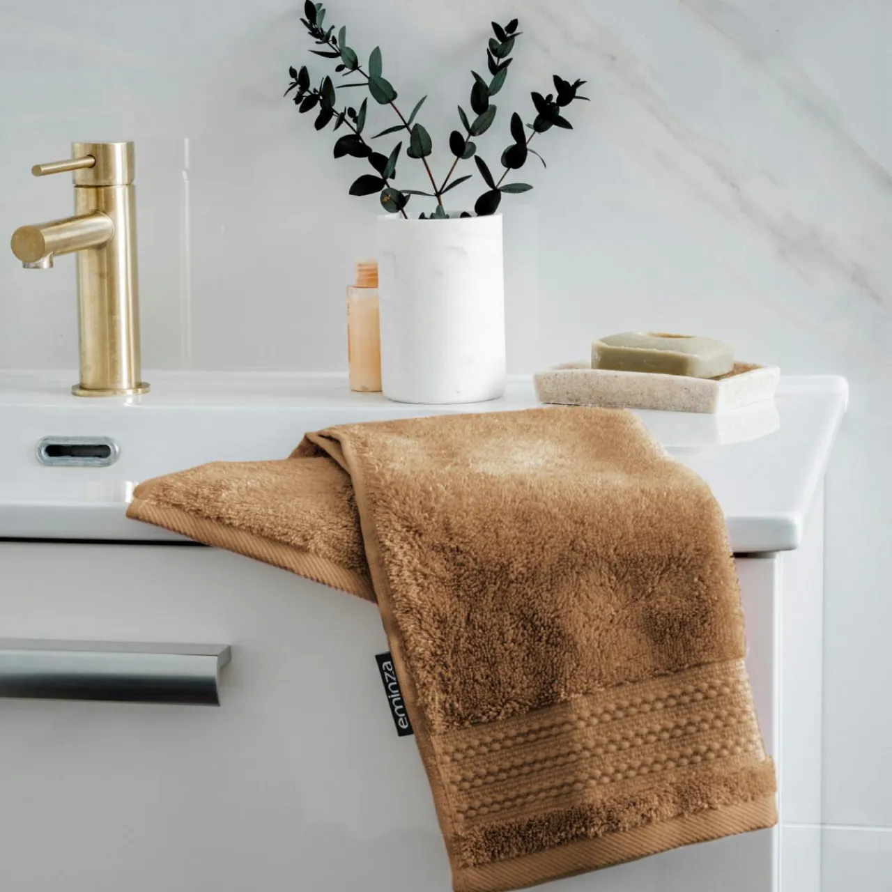 EMINZA Serviette de bain coton bio (30 x 50 cm) Méline Camel Sale