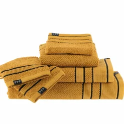 TENDANCE Serviette de bain coton (90 x 150 cm) Black Line / noir Jaune ocre Sale