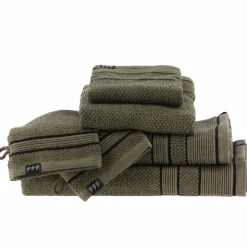 TENDANCE Serviette de bain coton (90 x 150 cm) Black Line / noir Vert kaki